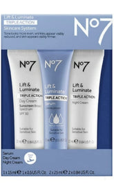 No7 Lift and Luminate Triple Action Skin Care System - Triple Action Serum (0.5 fl oz), Day Cream with SPF 30 (0.84 fl oz), and Night Cream (0.84 fl oz) - Travel Size No 7 Skincare Bundle, Purple