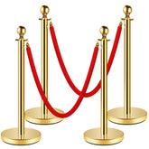 Stainless Steel Stanchion Post,5 FT Red Carpet Ropes and Poles,4pcs Gold Stanchions with Red Rope,Hollow Base and Velvet Ropes Safety Barriers Set,Carpet Runner for Party(37in) - Like New