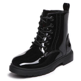 Athlefit Boys Girls Waterproof Combat Boots Lace Up Side Zipper Black Patent Ankle Booties for Little Kid Size 32 UK / 1-1.5 US