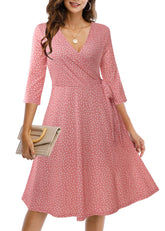CHARMYI Wrap Dress for Women Casual V Neck Floral Party Swing A-Line Faux Wrap Dresses Midi Plain Tunic Printed Cute Simple Ruched Knee Length 3/4 Sleeve Fall Work Wedding Guest Pink F26 XL