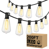 Brightever Outdoor String Lights 200FT Waterproof, Patio String Lights for Outside with 100+4 ST38 Shatterproof LED Filament Bulbs, Dimmable Hanging Lights for Christmas, Party, Cafe (2-Pack 100FT) - Like New