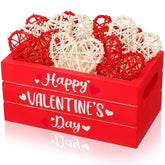 Qunclay Valentine's Day Wood Mini Wooden Crate Set Valentine's Day Tiered Tray Decor Happy Valentine's Day Wooden Basket with Heart Shaped Rattan Balls Decorations for Farmhouse (Red, White)
