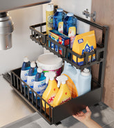 Under Sink Organizer, 2-Tier Height Adjustable Under Sink Organizers and Storage, Stainless Steel Rustproof Pull Out Cabinet Organizer for Kitchen Bathroom - Like New