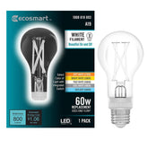 EcoSmart 60-Watt Equivalent A19 Dimmable White Filament CEC Clear Glass LED Light Bulb Adjustable White (1-Bulb)