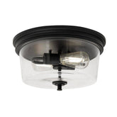 Hampton Bay Manor 13 in. Matte Black Round Flush Mount Industrial Ceiling Light with Clear Glass Shade - Like New