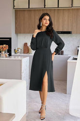 GRACE KARIN Long Sleeve Satin Dress for Women Wedding Guest Dress with Slit Boat Neck High Waist A-Line Midi Dress Black Large
