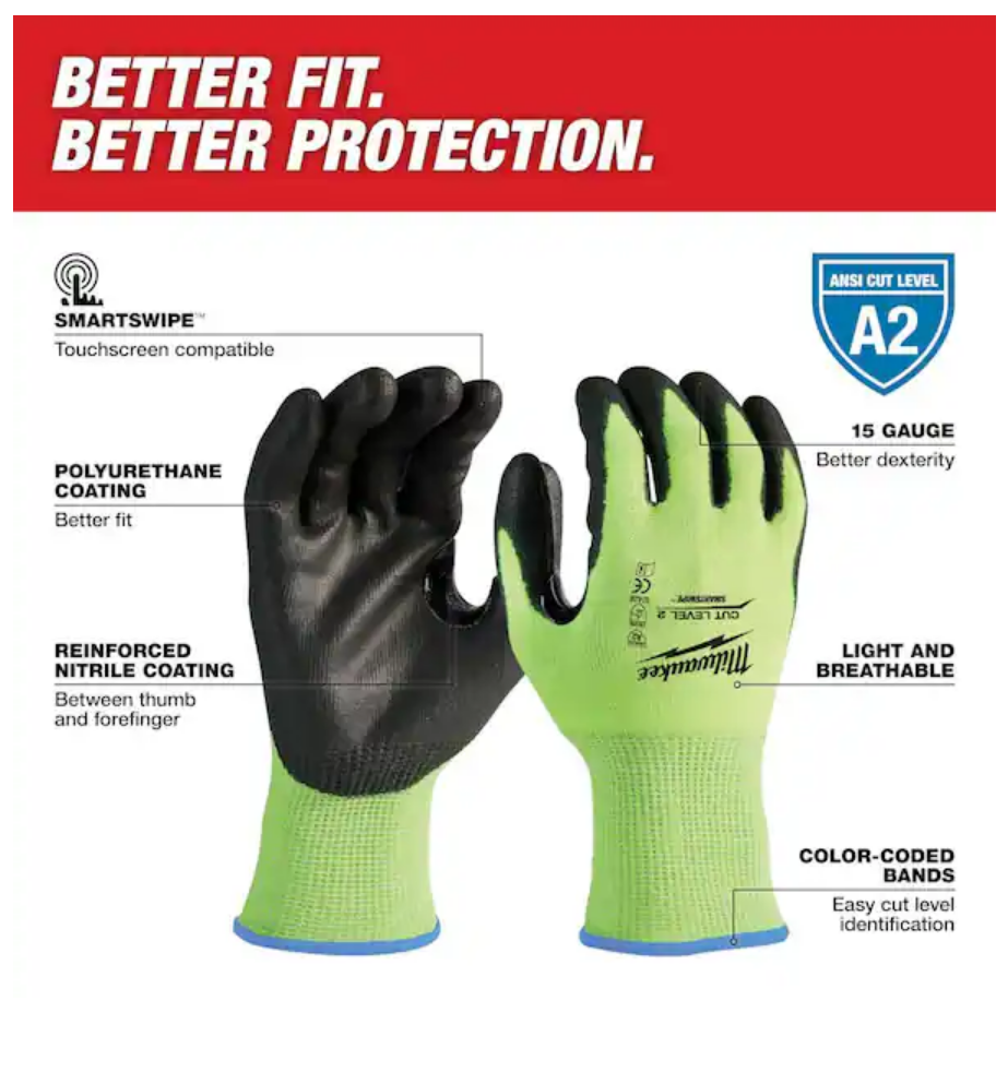 Milwaukee X-Large 10" High-Visibility Cut 2 Resistant Polyurethane Dipped Work Gloves