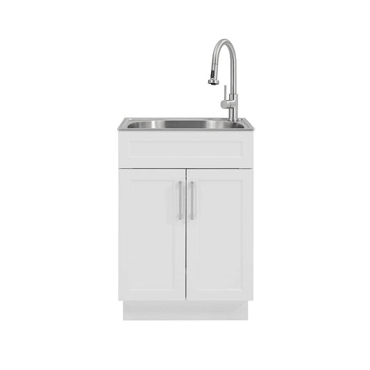 Glacier Bay All-in-One 24.125 in. x 21.375 in. x 35 in. Stainless Steel Laundry Sink with Faucet and White Storage Cabinet (1521US-24-262)