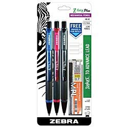 Zebra Z-Grip Plus Mechanical Pencils, 0.7 mm, 2 Medium Lead, Assorted Barrel Colors, Pack of 3