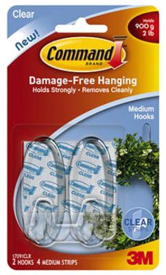 Medium Hooks, w/Adhesive Strips, 2/PK, Clear, Sold as 1 Package