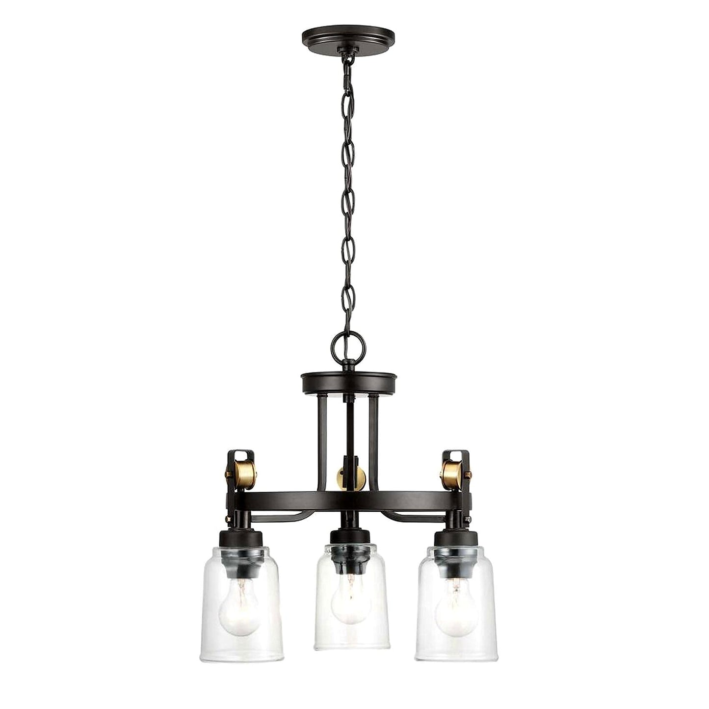 Knollwood 3-Light Blackened Bronze Chandelier with Vintage Brass Accents and Clear Glass Shades - Like New