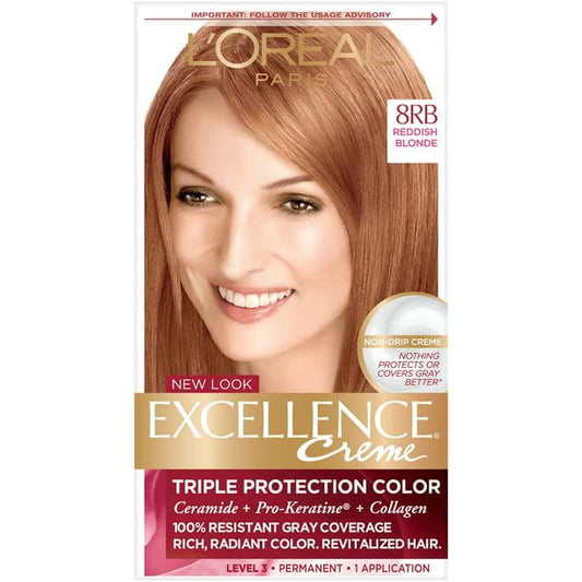 L'Oreal Paris Excellence Creme Permanent Triple Care Hair Color, 8RB Medium Reddish Blonde, Gray Coverage For Up to 8 Weeks, All Hair Types, Pack of 1