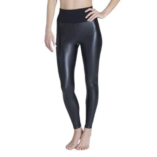 Assets Women's Black All Over Faux Leather Leggings Tummy Control by Spanx