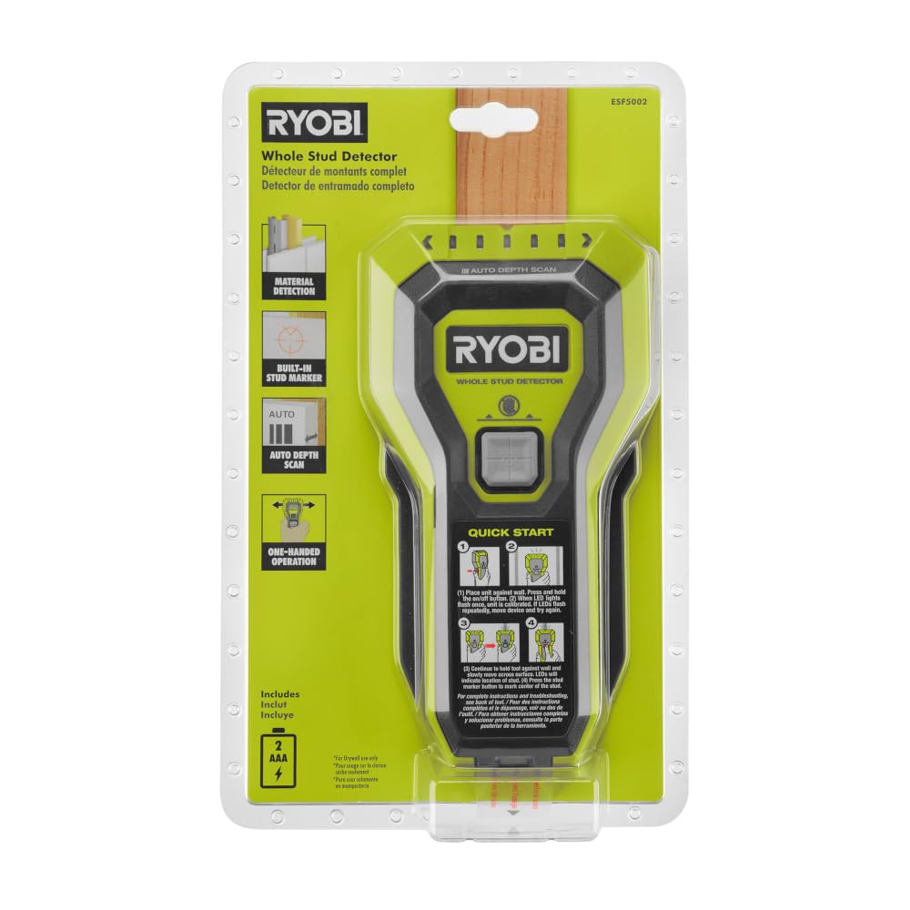 RYOBI Stud Finder with multiple LED's to indicate the full width of the stud. One-handed operation, ESF5002