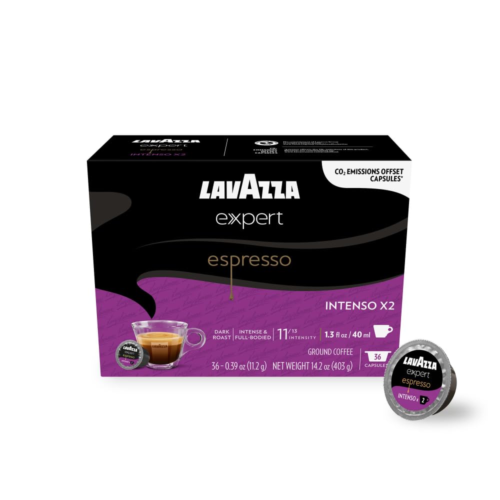 Lavazza Expert Espresso Intenso x2 Coffee Capsules, Intense, Dark Roast, Arabica, Robusta, notes of dried fruit, Intensity 11 out 13, Blended and Roasted in Italy, (36 Capsules)