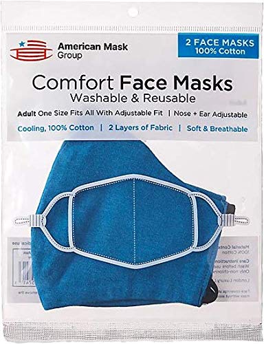 American Mask Group 2-Pack Reusable Washable Cloth Face Masks - Unisex Adult Face Covering with Adjustable Ear Loops - Dual Layer 100% Cotton - Soft & Breathable Fabric Face Mask - Heather Blue