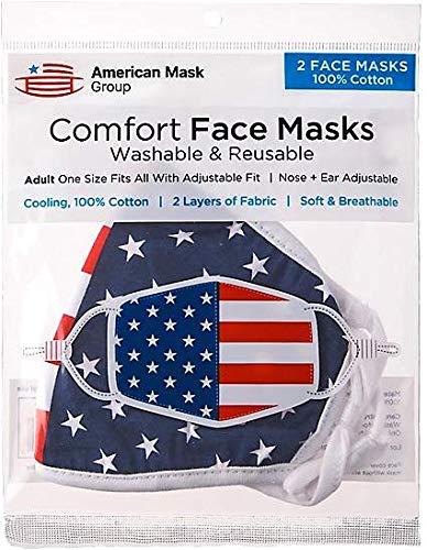 American Mask Group 2-Pack Reusable Washable Cloth Face Masks - Unisex Adult Face Covering With Adjustable Ear Loops - Dual Layer 100% Cotton - Soft & Breathable Fabric Face Mask - American Flag