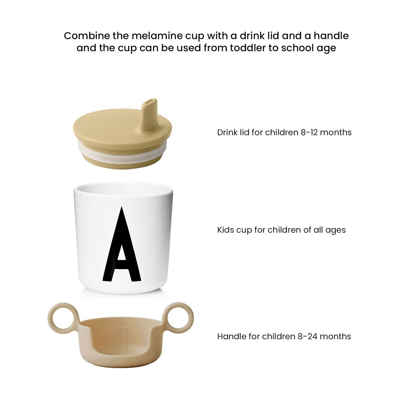 Design Letters Melamine Sippy cups for Baby 7 Oz A-Z | Kids Cups Designed in Denmark Reusable Cup for Baby 6+ Month|Learning Cup BPA/BPS Free | Children Drinking Cup Dishwasher Safe, Toddler Cup White