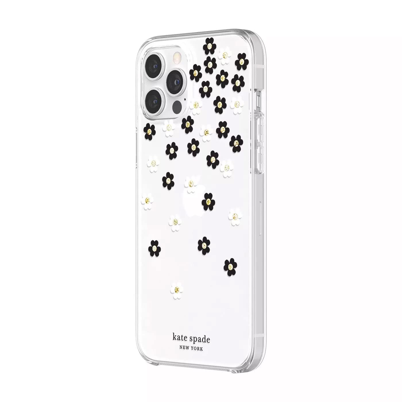 Kate Spade New York Protective Hardshell Case for iPhone 12 & iPhone 12 Pro - Scattered Flowers Black/White/Gold Gems/Clear/White Bumper, KSIPH153SFLBW