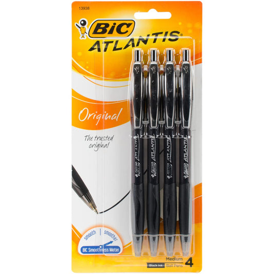 BIC(R) Atlantis(TM) Retractable Ballpoint Pens, Medium Point, 1.0 mm, Black Ink, Pack of 4