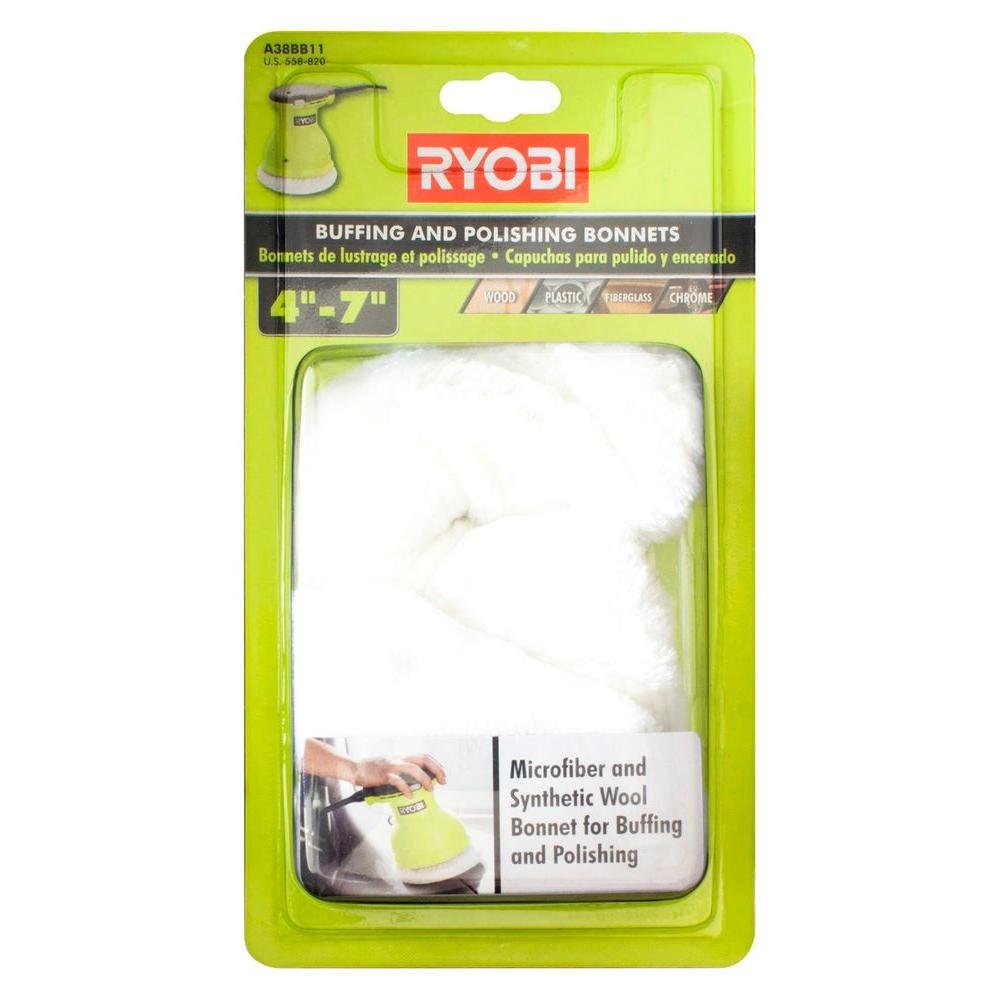Ryobi A38BB11 4-7 Inch Microfiber and Synthetic Fleece Buffing and Polishing Bonnet Set for Wood, Fiberglass, or Chrome (2 Pack)