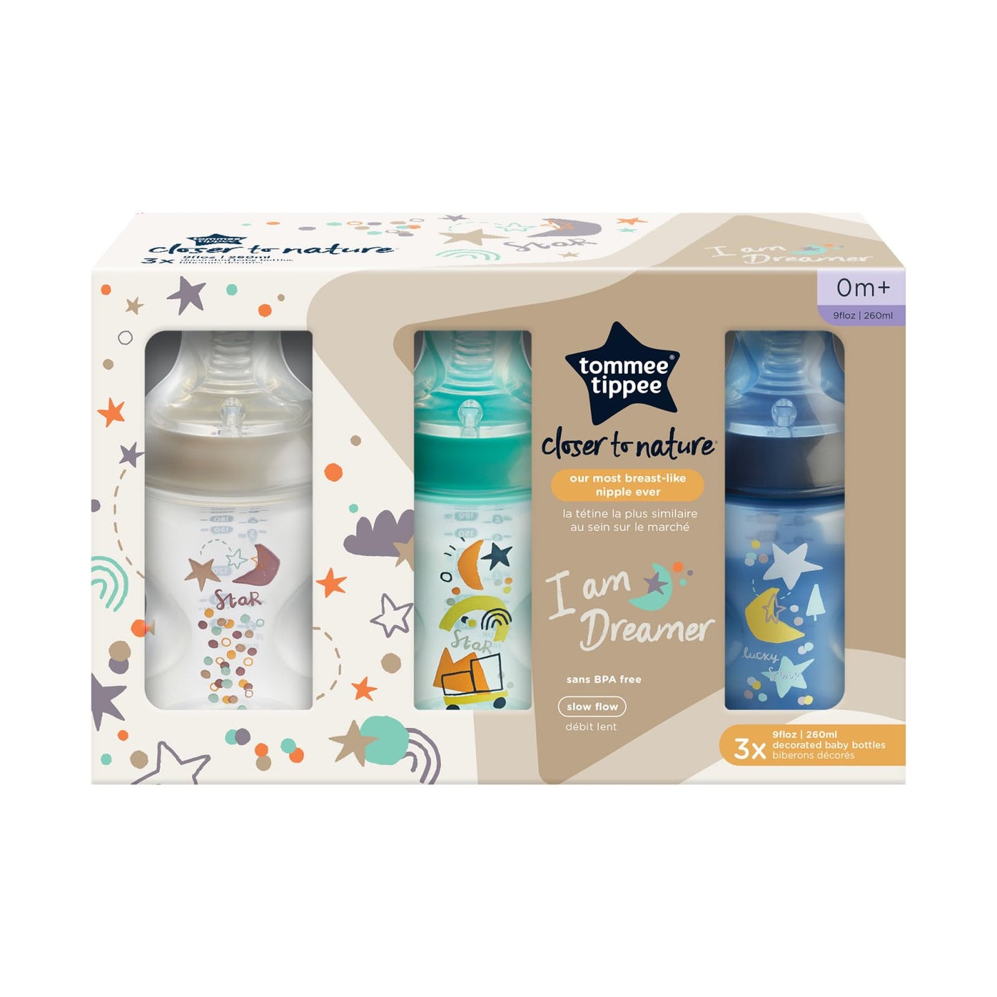 Tommee Tippee Closer To Nature Anti-Colic Baby Bottle, 9oz, Slow-Flow Breast-Like Nipple for a Natural Latch, Anti-Colic Valve, Pack of 3, I Am Dreamer