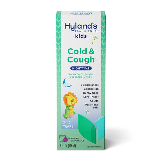 Hyland's Naturals Kids Cold & Cough, Nighttime Grape Flavor Cough Syrup Medicine for Kids Ages 2+, Decongestant, Sore Throat, Allergy & Sleeplessness Relief of Common Cold Symptoms, 4 Fl Oz