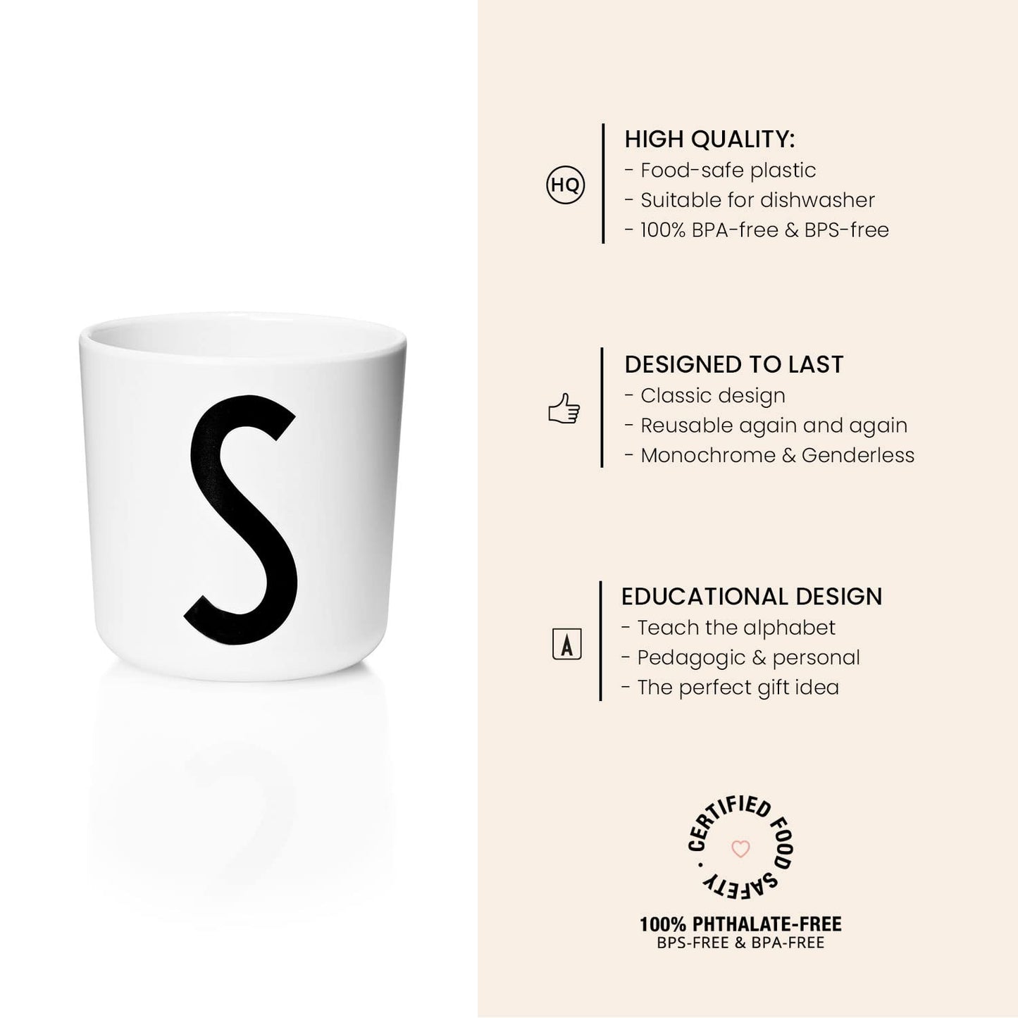 Design Letters Melamine Sippy cups for Baby 7 Oz A-Z | Kids Cups Designed in Denmark Reusable Cup for Baby 6+ Month|Learning Cup BPA/BPS Free | Children Drinking Cup Dishwasher Safe, Toddler Cup White