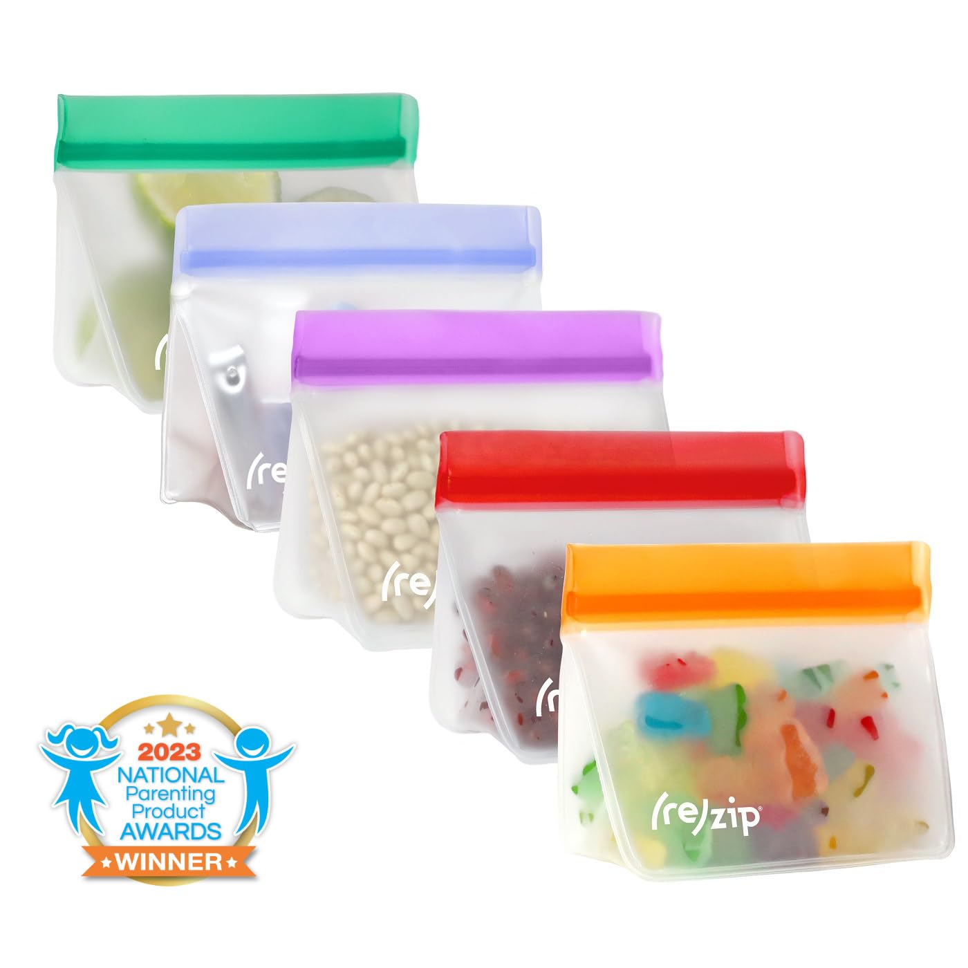 rezip 5-pack Stand-Up Reusable Bag Bundle | BPA-Free, Food Grade, Leakproof, Freezer and Dishwasher Safe | 5 Snack-Size Bags (1-Cup / 8-Oz) | Jewel Tones