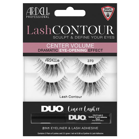 Ardell Lash Contour 370 Center Volume Dramatic Eye-Opening Effect with DUO Lash It Line It Adhesive Black, 2 Pairs