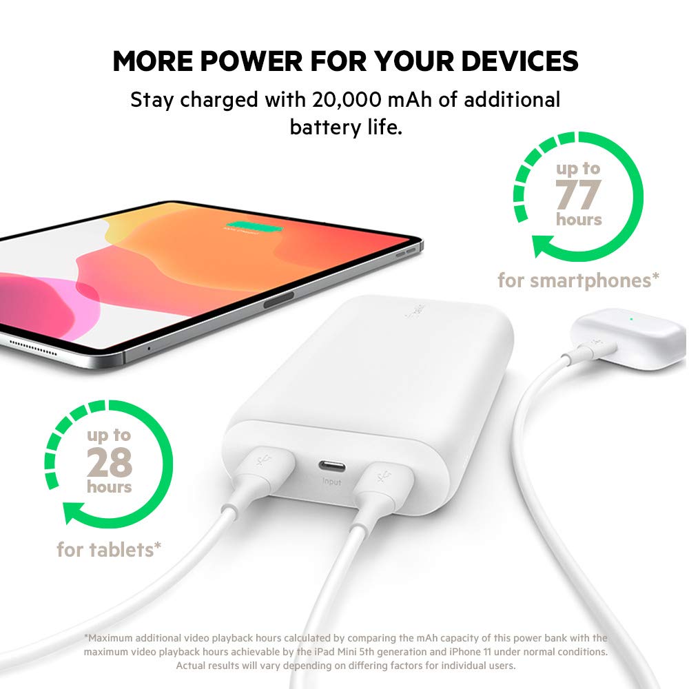 Belkin BoostCharge 20k mAh Power Bank - IPhone Charger - Portable Charger - USB-C Charger - Type-C Charger - Phone Charger Battery Pack- iPhone 14, iPhone 13, iPhone 12 - USB-C Cable Included - Black