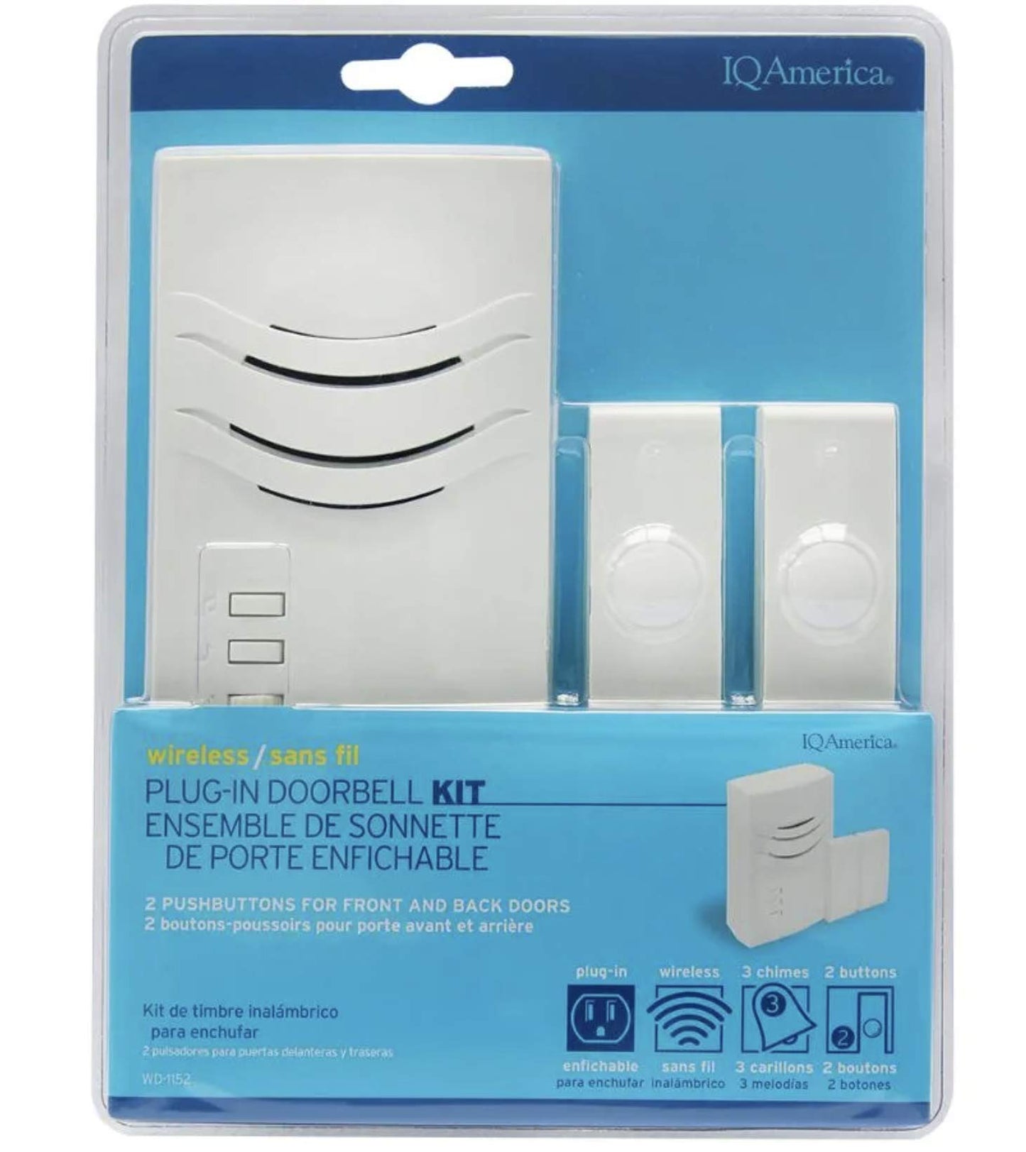 IQ America WD1152 Wireless Plugin Contemporary Door Chime Door Bell 2 Pushbutton 3 Melody Notes Westminster Chime Volume Control 150 foot Range Simple Install Bring It Anywhere RV Cabin Office! White