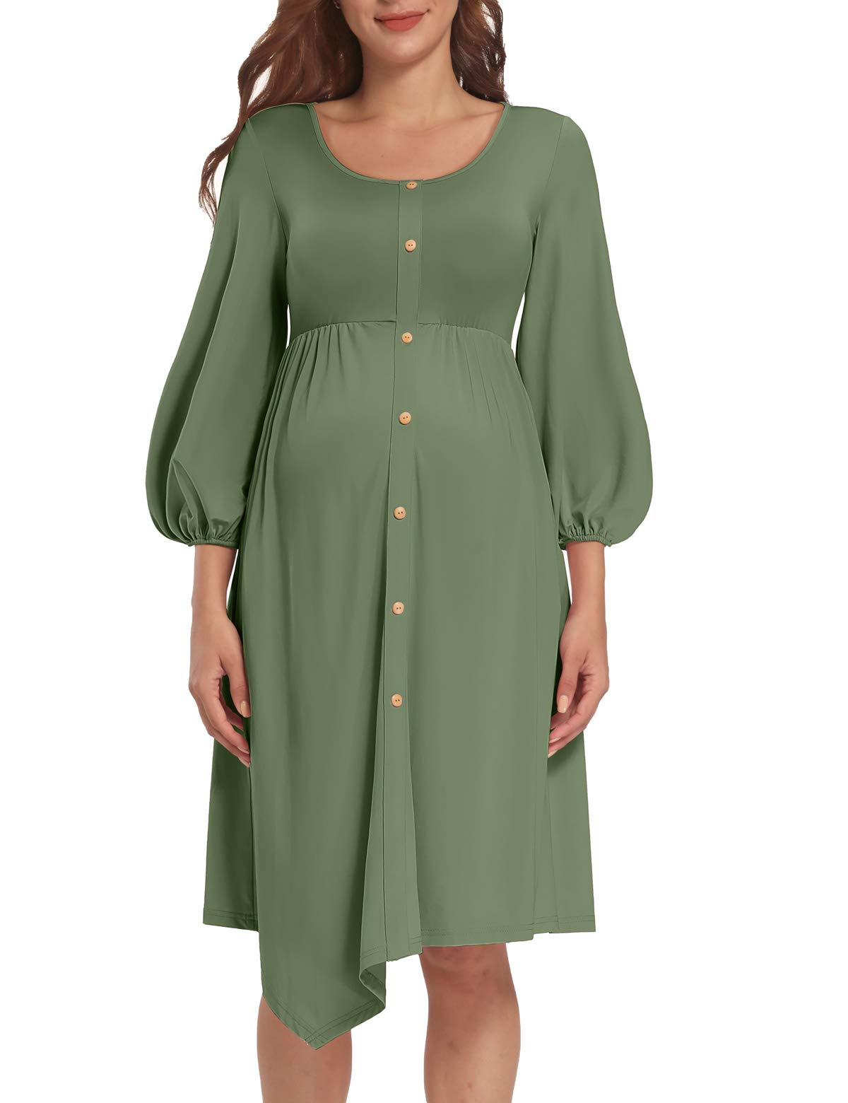 Maternity Dress Maternity Dress for Photoshoot Lantern Sleeves Green Gray XL