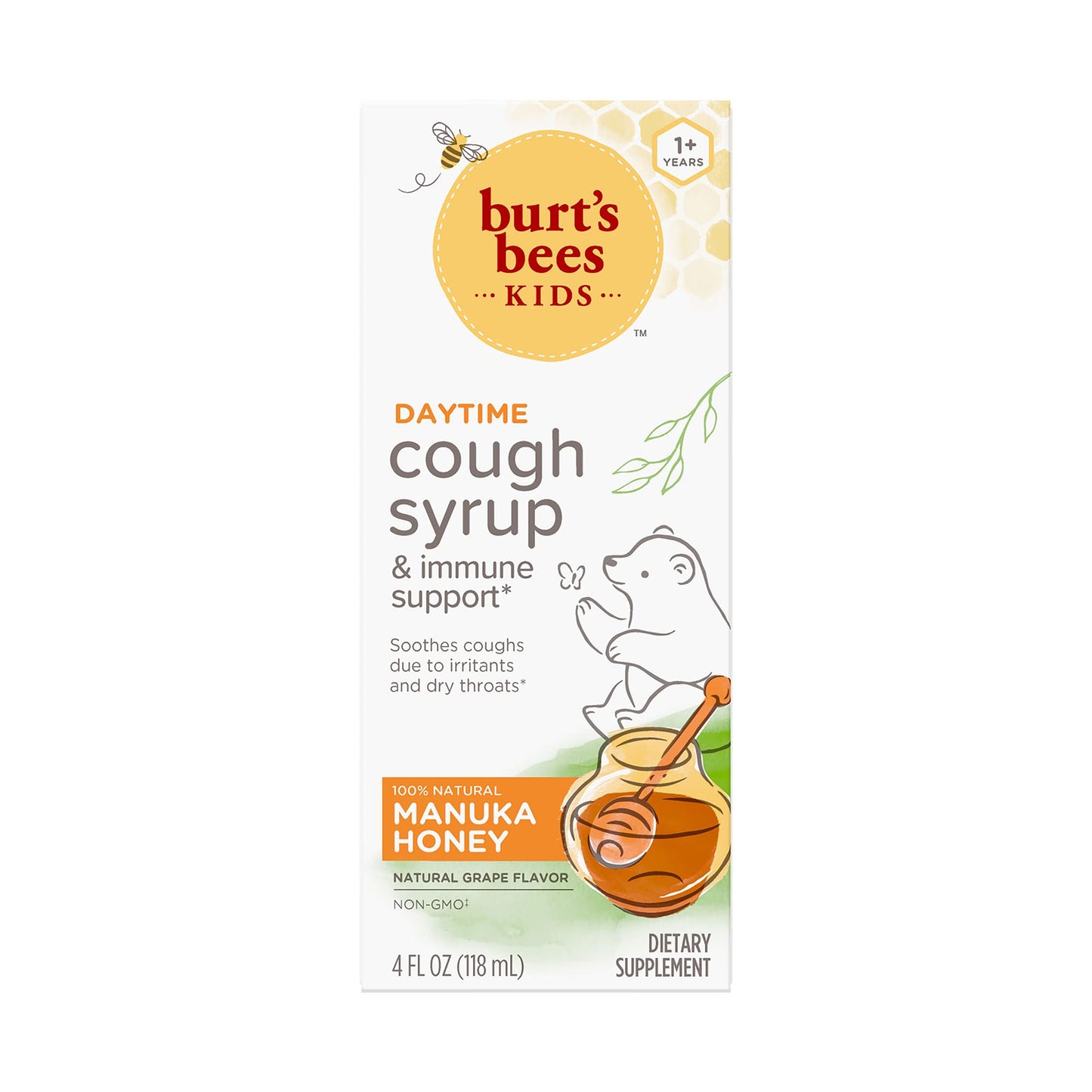 Burt's Bees Kids Daytime Cough Syrup and Immune Support, Natural Grape Flavor, Dietary Supplement, 4 Fl Oz