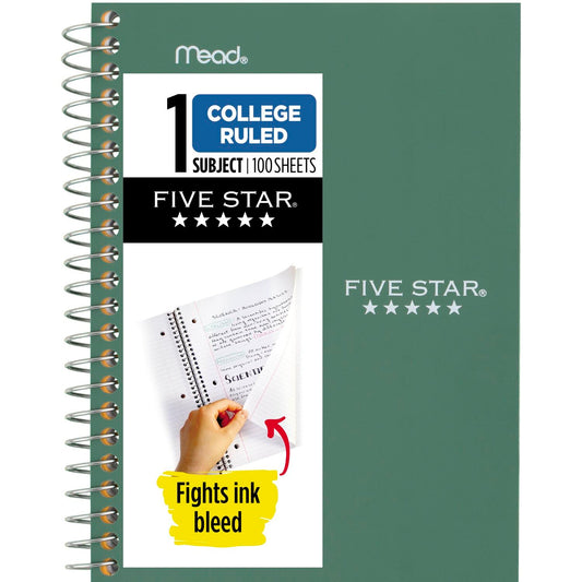 Five Star Personal Spiral Notebook, 1 Subject, College Ruled Paper, 7" x 4-3/8", Small Size, 100 Sheets, Seaglass Green (450022CH1)