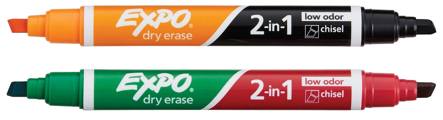 Expo 1944654 Dual 2-in-1 Dry Erase Markers, Chisel Tip, 2/PK, Ast
