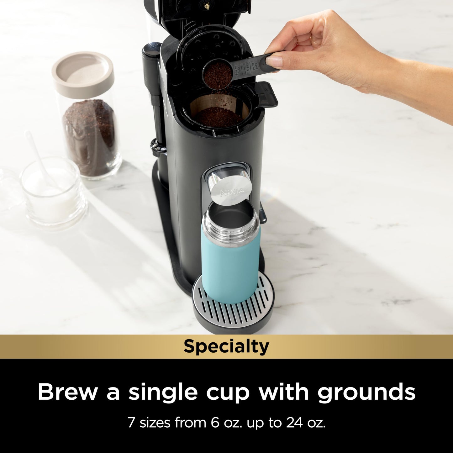Ninja PB051 Pod & Grounds Specialty Single-Serve Coffee Maker, K-Cup Pod Compatible, Brews Grounds, Compact Design, Built-In Milk Frother, 56-oz. Reservoir, 6-oz. Cup to 24-oz. Mug Sizes, Black - Like New