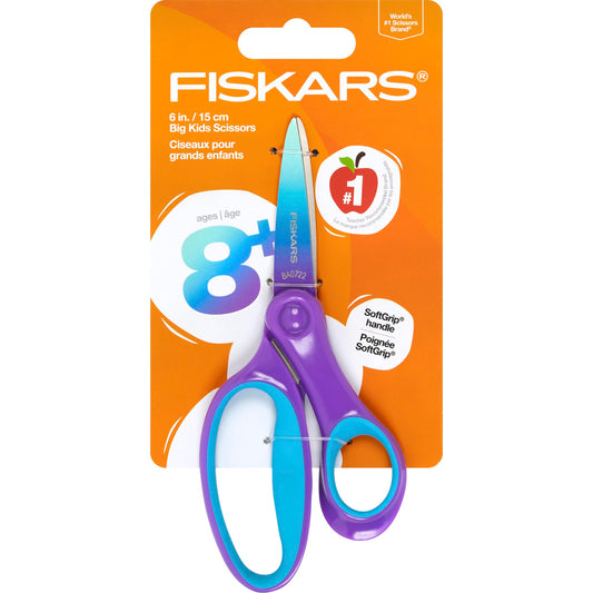 Fiskars Softgrip 6" Big Kids Scissors, For Ages 8+, For School or Crafting, Ombre, Turquoise-Purple