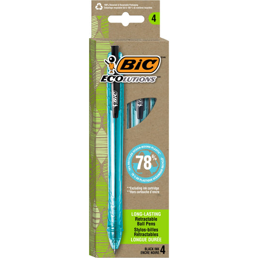 BIC Ecolutions Ocean-Bound Ball Pens, Medium Point (1.0mm), 4-Count Pack, Black Ink Pens Made from 78% Ocean-Bound Recycled Plastic