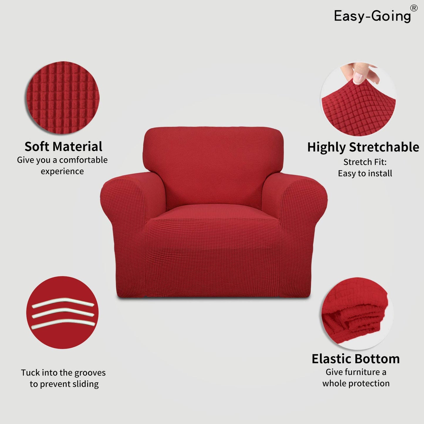 Easy-Going Stretch Chair Sofa Slipcover 1-Piece Couch Sofa Cover Furniture Protector Soft with Elastic Bottom for Kids, Pet. Spandex Jacquard Fabric Small Checks (Chair, Christmas Red)