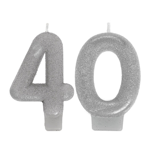 Sparkling Celebration 40th Silver Numeral Candles - 3" (Pack of 2) - Vibrant & Eye-Catching Design - Ideal Party Accessory