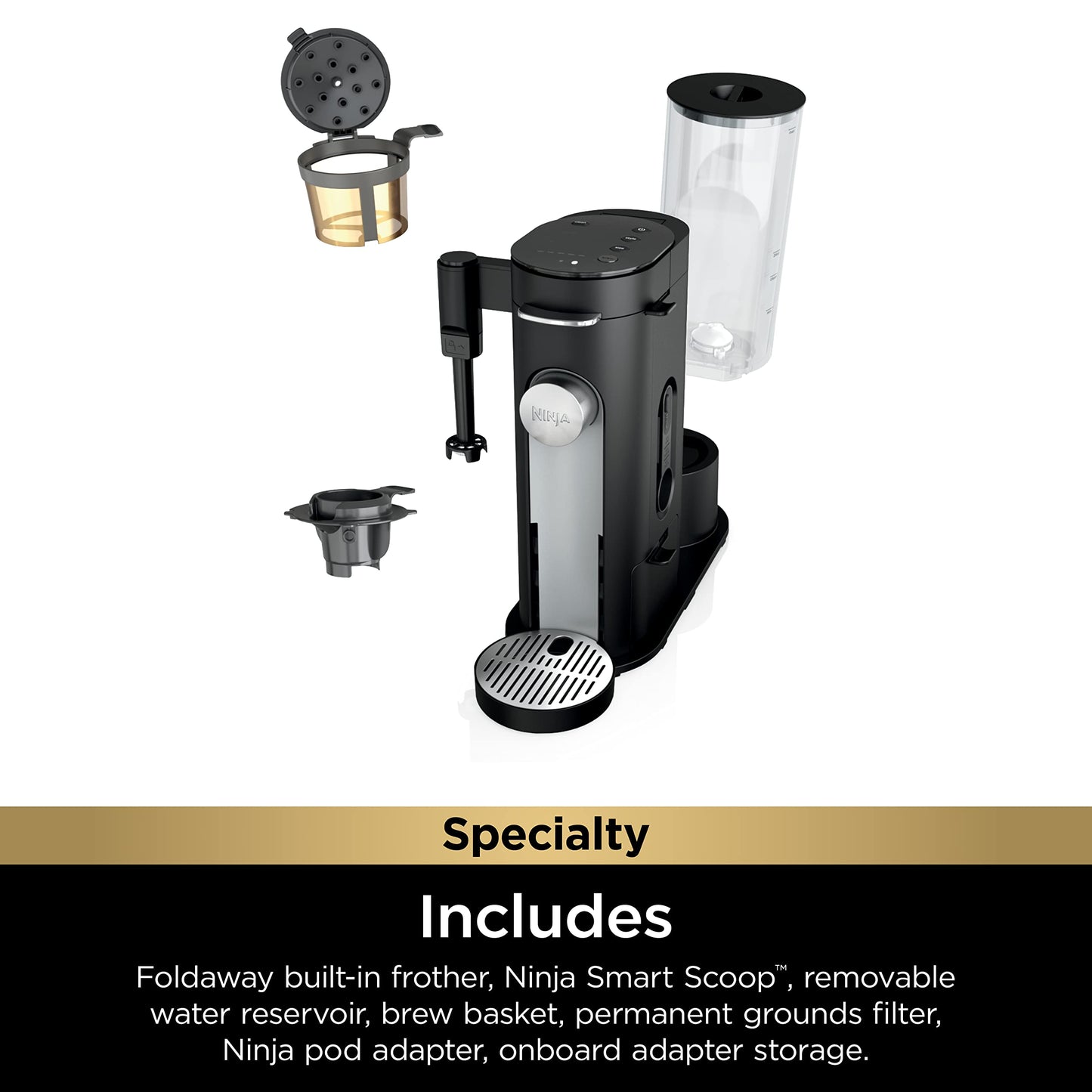 Ninja PB051 Pod & Grounds Specialty Single-Serve Coffee Maker, K-Cup Pod Compatible, Brews Grounds, Compact Design, Built-In Milk Frother, 56-oz. Reservoir, 6-oz. Cup to 24-oz. Mug Sizes, Black - Like New