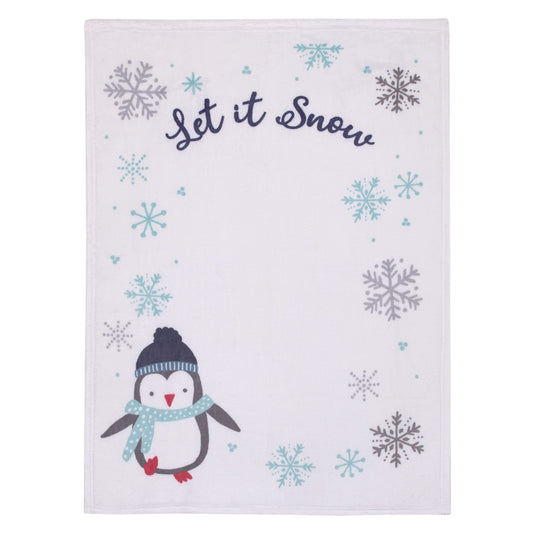 NOJO Penguin White, Aqua, and Gray Let it Snow Christmas Photo Op Super Soft Baby Blanket