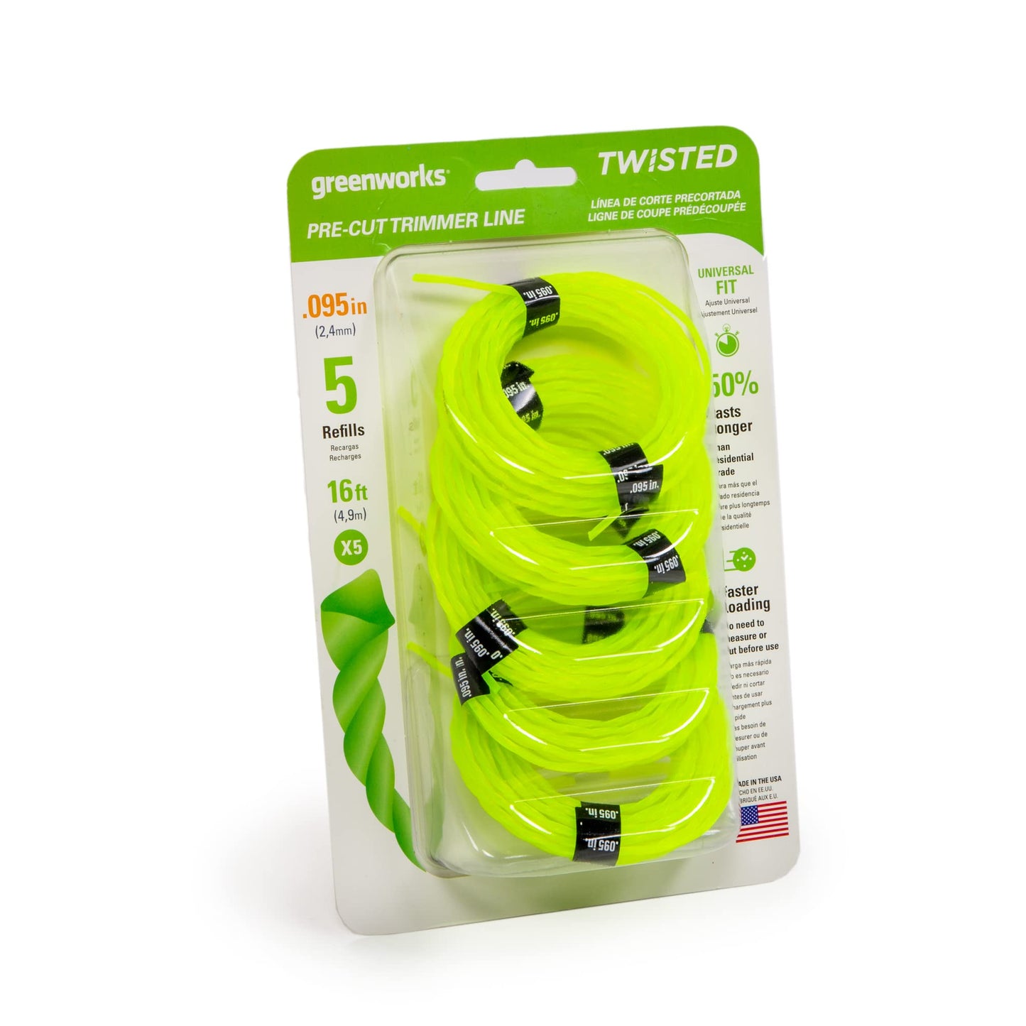 Greenworks 0.095" 5-Pack Pre-Cut Twisted String Trimmer Line