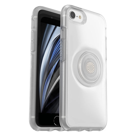 OtterBox iPhone 7/8 and iPhone SE 3rd and 2nd Gen Otter + Pop Symmetry Series Clear Case - CLEAR, integrated PopSockets PopGrip, slim, pocket-friendly, raised edges protect camera & screen