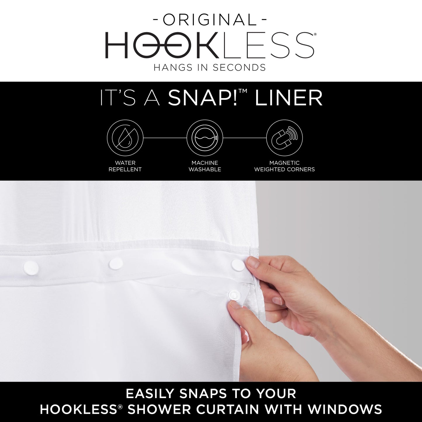 Hookless It’s A Snap! Escape Fabric Shower Curtain with Plastic PEVA Snap-in Liner, 71" x 74", Ivory