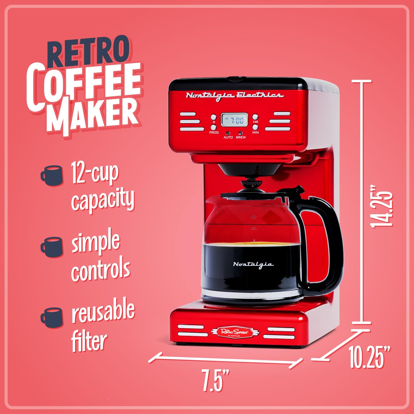 Nostalgia Retro 12-Cup Programmable Coffee Maker With LED Display, Automatic Shut-Off & Keep Warm, Pause-And-Serve Function, Red - Like New