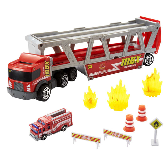 Matchbox Fire Rescue Hauler Playset Themed Hauler with 1 Fire-Themed Vehicle, Holds 16 Cars, Easy-Release Ramp, 8 Accessories & Storage, for Kids 3 Years Old & Up