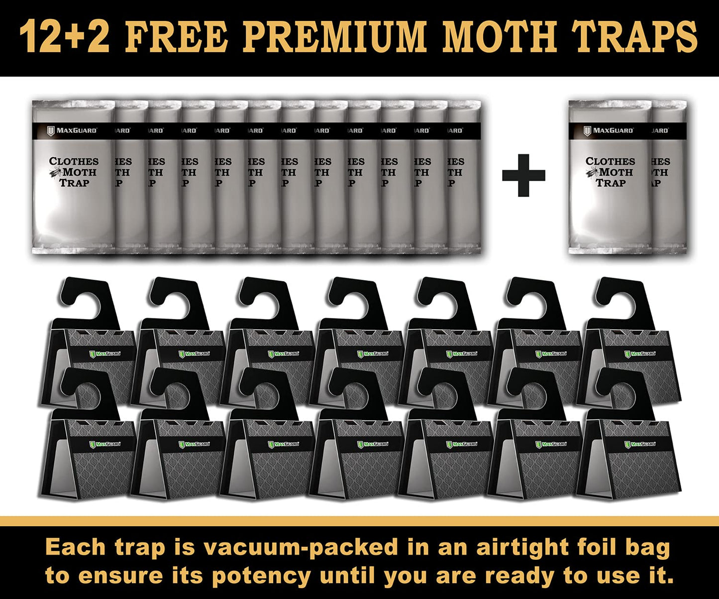 MaxGuard Clothes Moth Traps (12+2 Free Traps) Extra Strength Pheromones | Non-Toxic Sticky Glue Trap for Closets and Carpet Moths | No Mothballs | Lure, Trap and Kill Case-Bearing Webbing Moths |