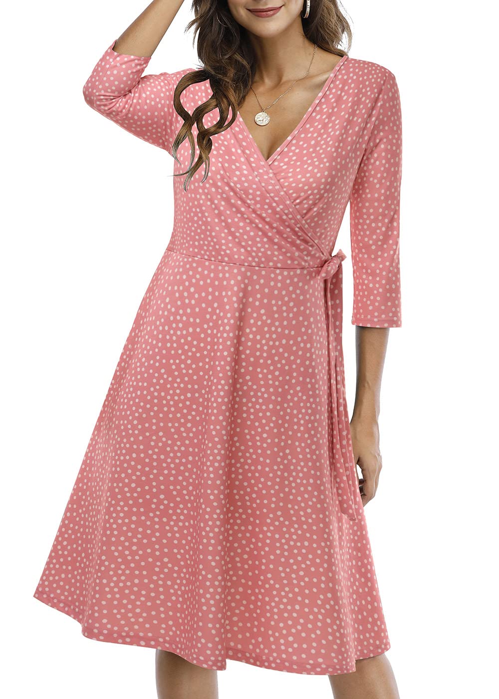 CHARMYI Wrap Dress for Women Casual V Neck Floral Party Swing A-Line Faux Wrap Dresses Midi Plain Tunic Printed Cute Simple Ruched Knee Length 3/4 Sleeve Fall Work Wedding Guest Pink F26 XL